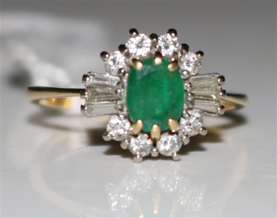 18ct gold emerald and rose baguette cut diamond ring